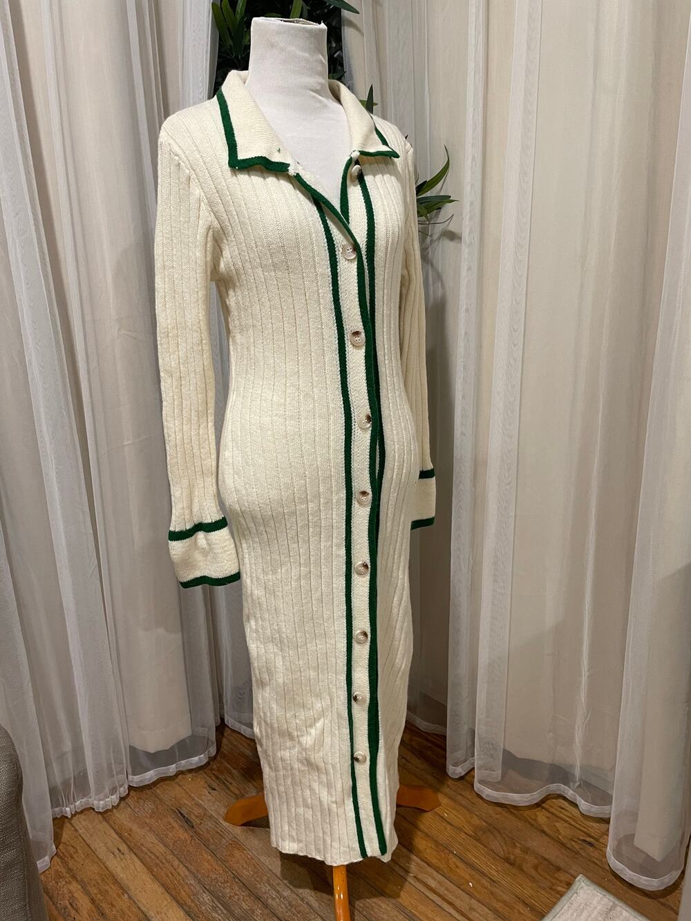 Knitted Beige Button Up Long Dress Size 4 (S)
